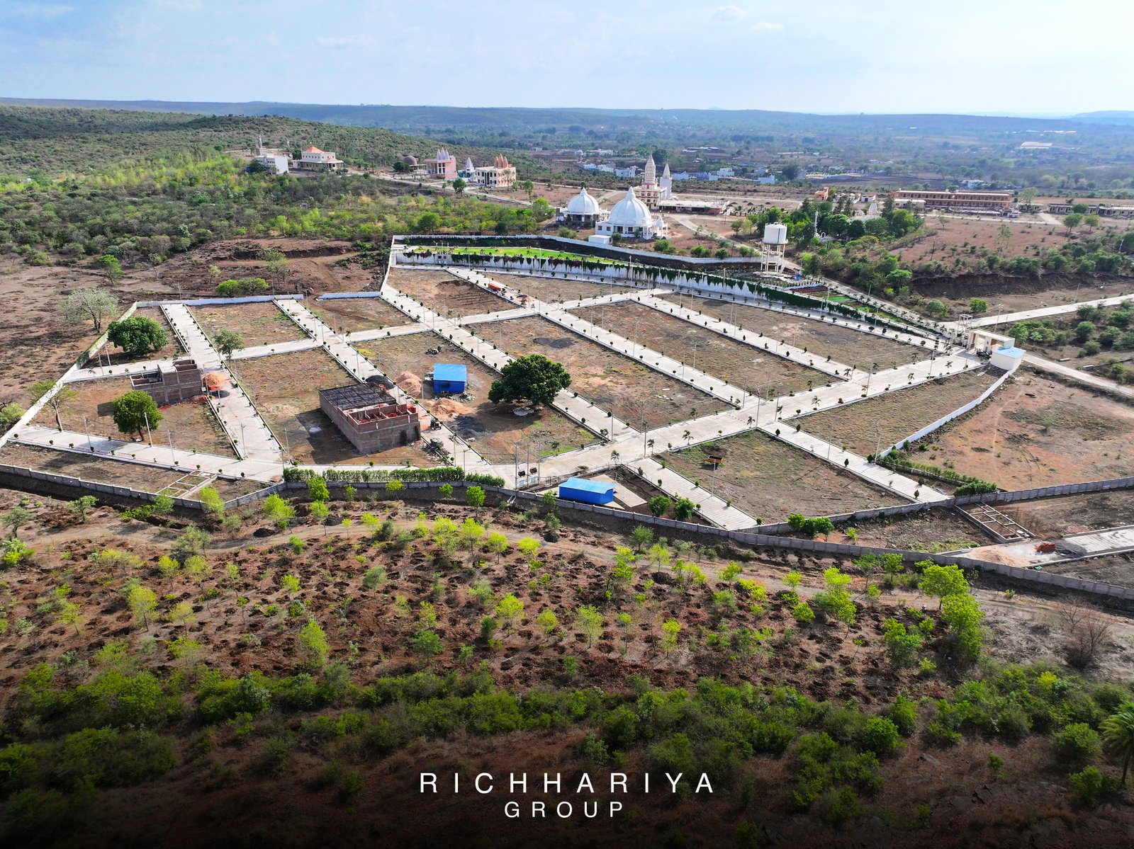 Aerial-style view of Mangal City near the temple